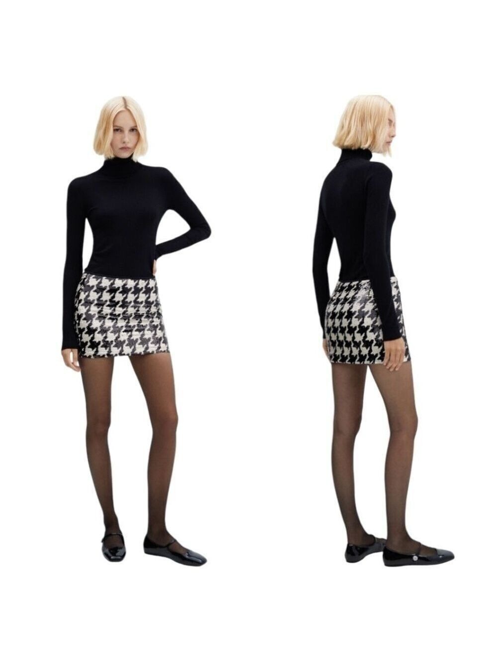 MANGO Black & White Houndstooth Sequin Mini Skirt Side Zipper US Sz S